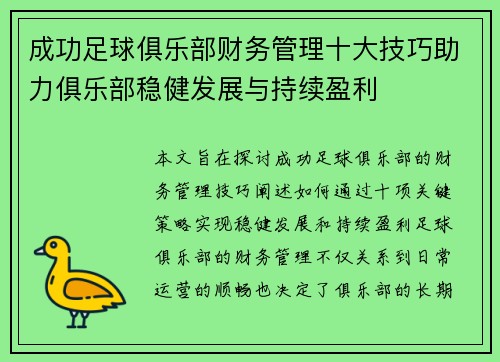 成功足球俱乐部财务管理十大技巧助力俱乐部稳健发展与持续盈利 成功足球俱乐部财务管理十大技巧助力俱乐部稳健发展与持续盈利