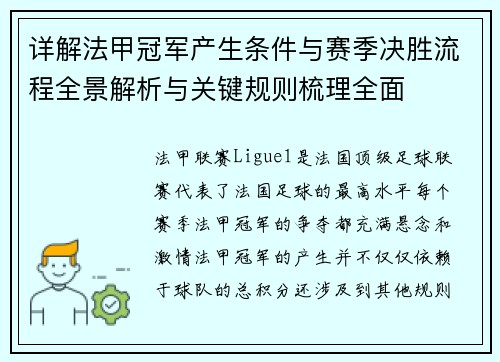 详解法甲冠军产生条件与赛季决胜流程全景解析与关键规则梳理全面