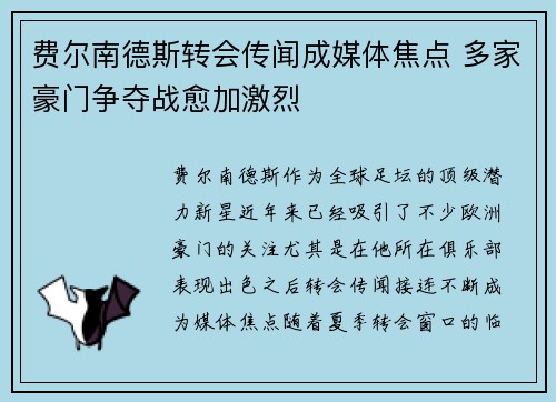 费尔南德斯转会传闻成媒体焦点 多家豪门争夺战愈加激烈 费尔南德斯转会传闻成媒体焦点 多家豪门争夺战愈加激烈