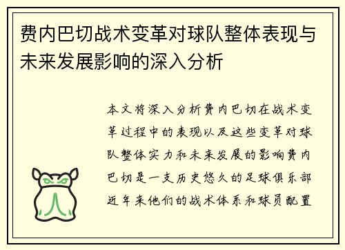 费内巴切战术变革对球队整体表现与未来发展影响的深入分析